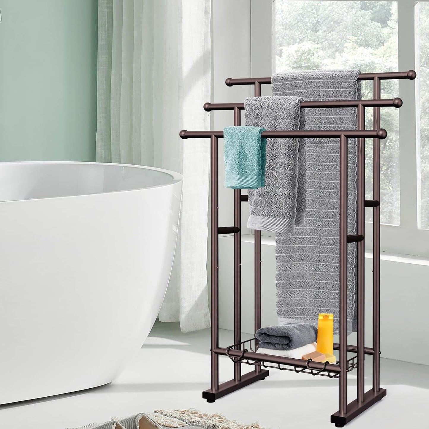 Kayfia 40" Tall Standing Towel Racks for Bathroom, 3 Tier Towel Rack Stand with Storage Basket, Blanket Ladder Drying and Display Rack for Oversized Bath Towel, Next to Tub Or Shower (Bronze)