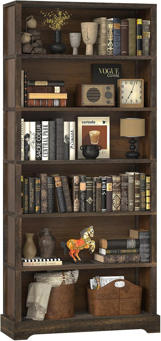 TVU 6 Shelf Bookcase, Freestanding Open Bookshelf, Tall Book Shelf, 11.8" D x 31.5" W x 77.2" H, for Living Room, Dining Room, Study, Office, Rustic Brown