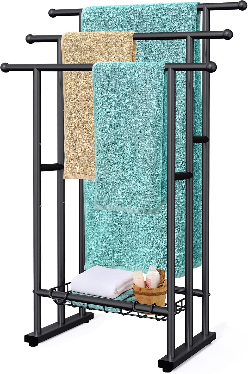 Kayfia 40" Tall Standing Towel Racks for Bathroom, 3 Tier Towel Rack Stand with Storage Basket, Blanket Ladder Drying and Display Rack for Oversized Bath Towel, Next to Tub Or Shower (Bronze)