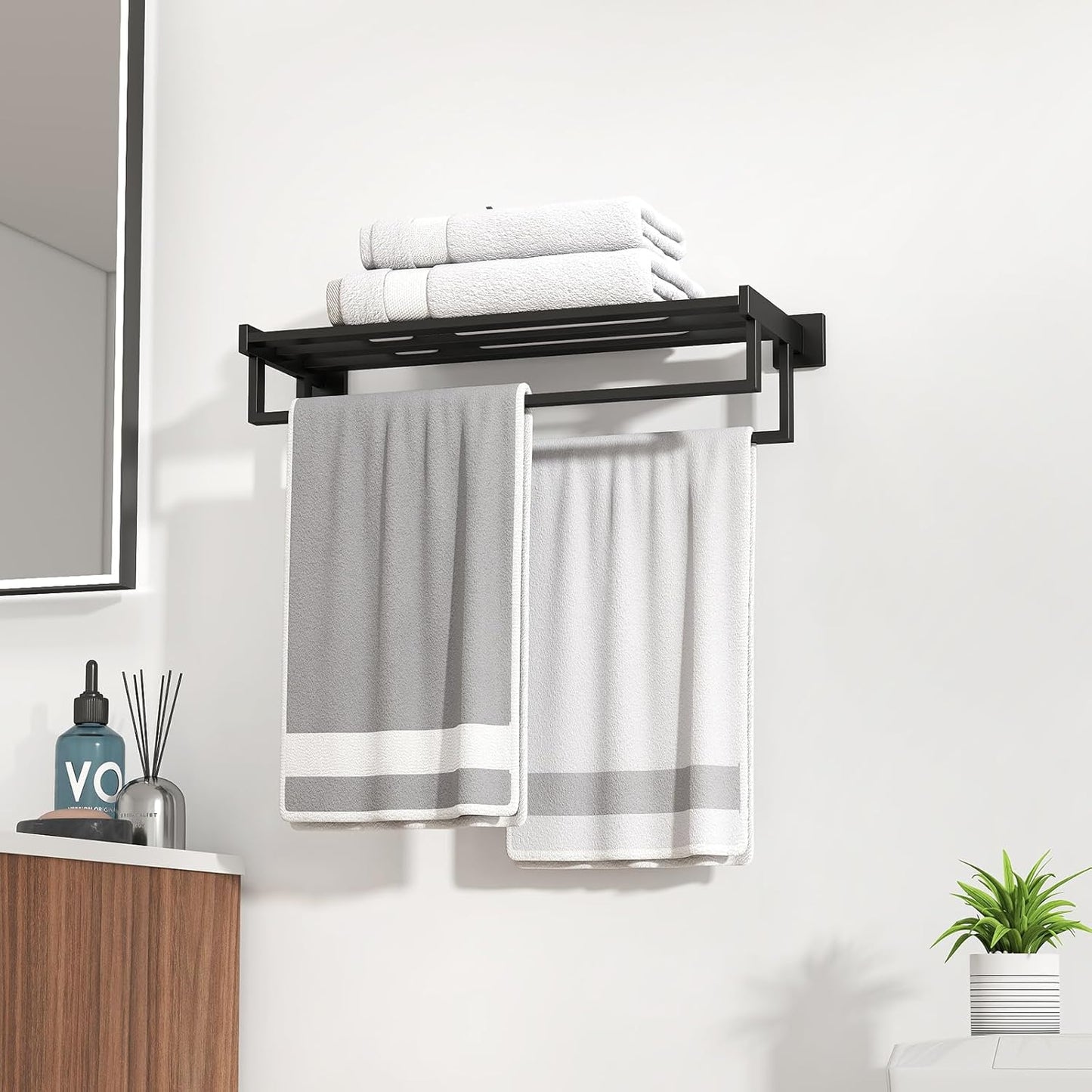 Bathroom Towel Rack with Double Towel Bar, 24 Inch Towel Racks for Bathroom Wall Mounted, Hand Towel Hanger Stainless Steel Towel Shelf Rack Bathroom Towel Storage, Black