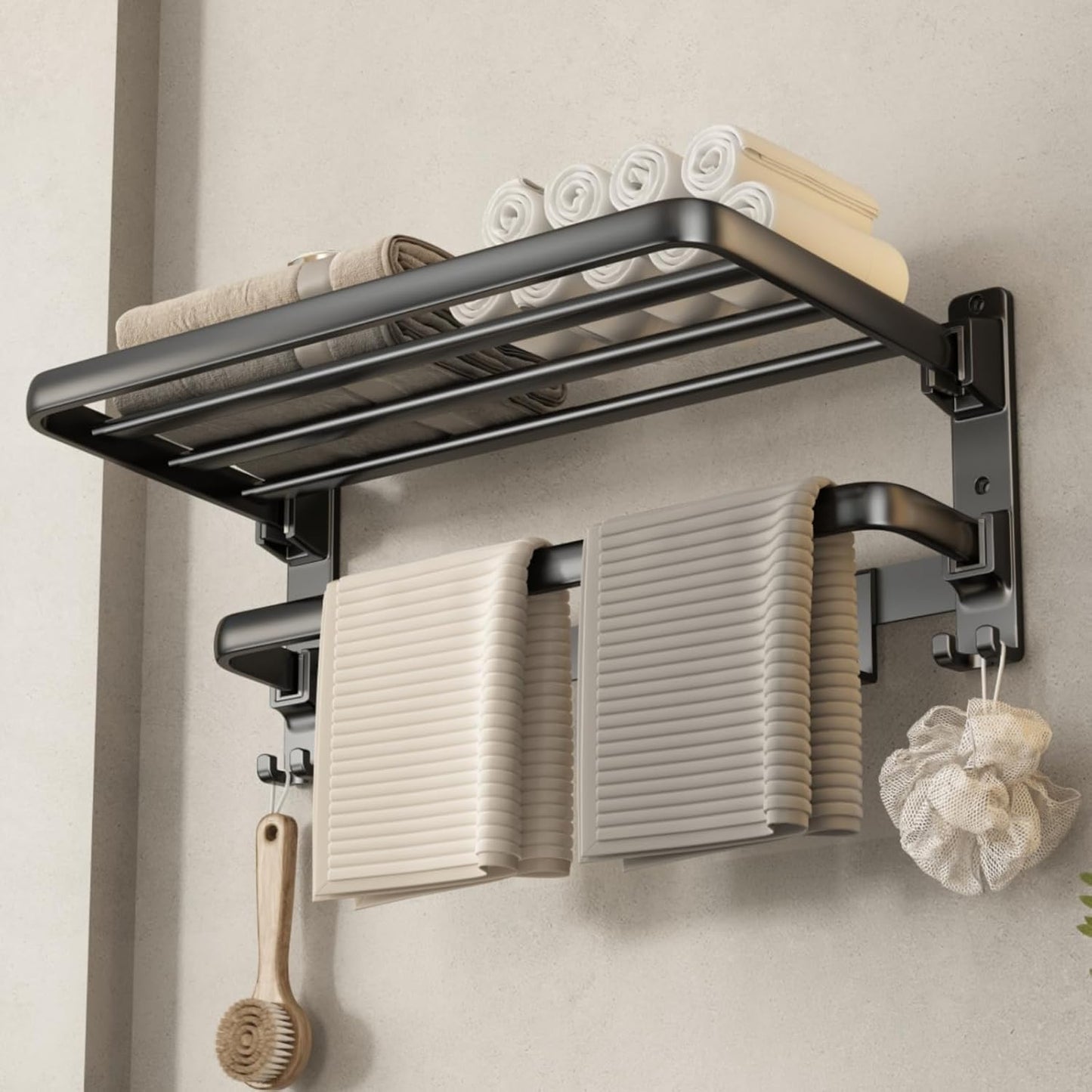VOLDRA 24-Inch Towel Rack,Bathroom Towel Shelf with 2 Towel Bar Foldable Towel Holder with 7 Hooks Towel Storage Organizer for Bathroom & Lavatory Wall Mounted (Matte Black)