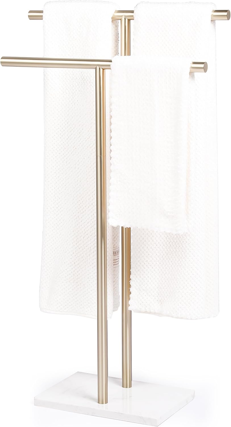 Free Standing Towel Rack for Bathroom - Matte Black Finish - Stand Alone 2 Tier Stainless Steel Towel Rack for Bathroom Floor with Heavy Marble Base - Double T Shape Drying Stand for Towels