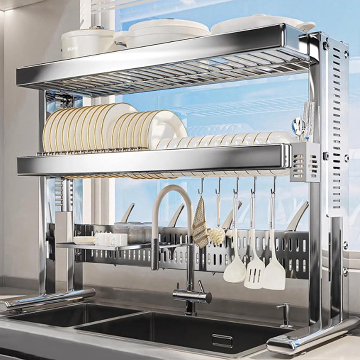 Large Over The Sink Dish Drainer Drying Rack，2 Tier Large Capacity Stainless Steel Dish Drying Rack Over Sink, Multifunctional Kitchen Organizers and Storage Dish Rack (Black, Double Layer)