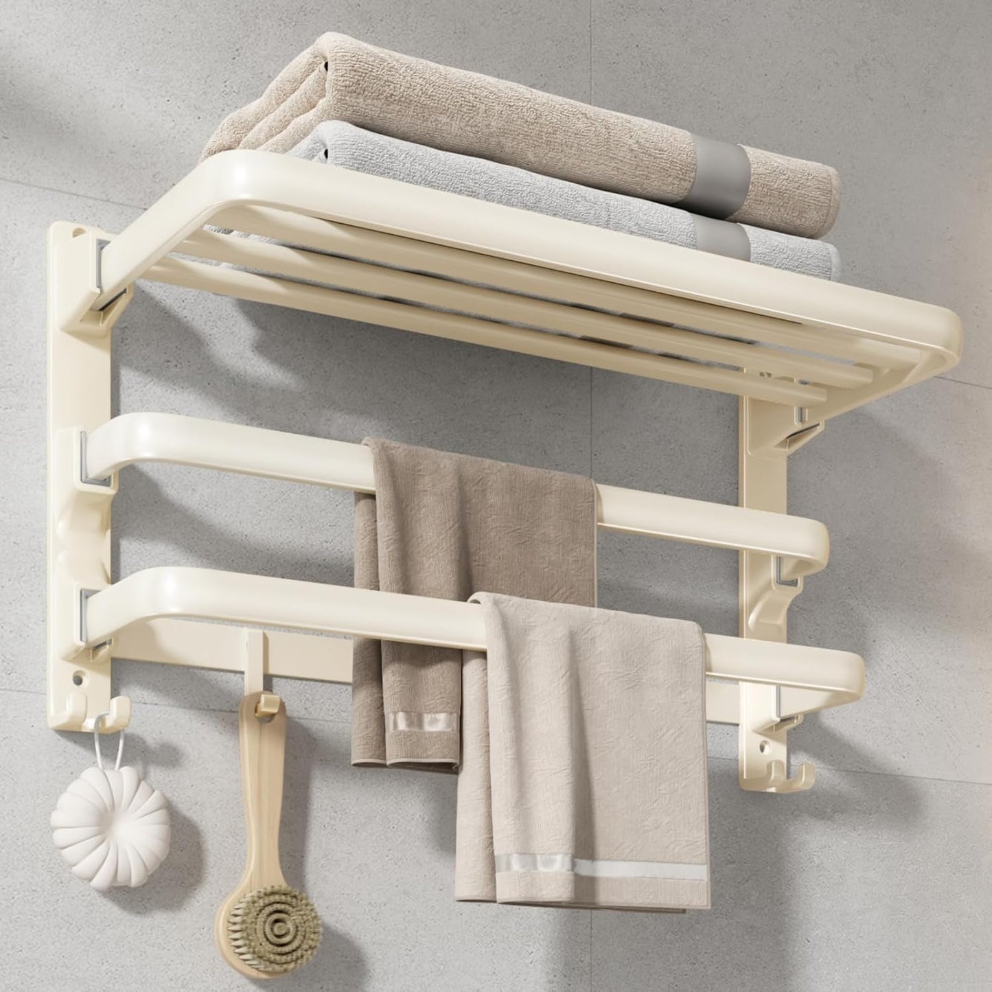 VOLDRA 24-Inch Towel Rack,Bathroom Towel Shelf with 2 Towel Bar Foldable Towel Holder with 7 Hooks Towel Storage Organizer for Bathroom & Lavatory Wall Mounted (Matte Black)