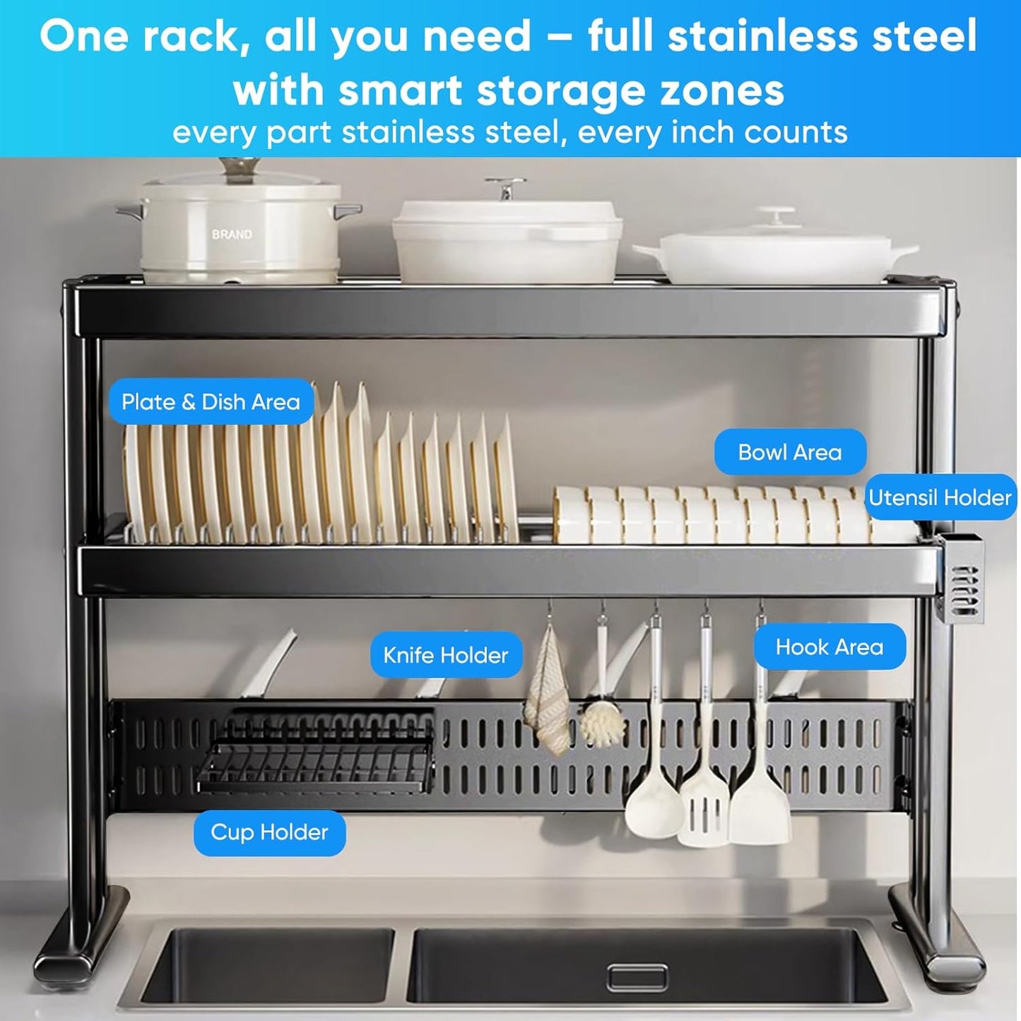 Large Over The Sink Dish Drainer Drying Rack，2 Tier Large Capacity Stainless Steel Dish Drying Rack Over Sink, Multifunctional Kitchen Organizers and Storage Dish Rack (Black, Double Layer)