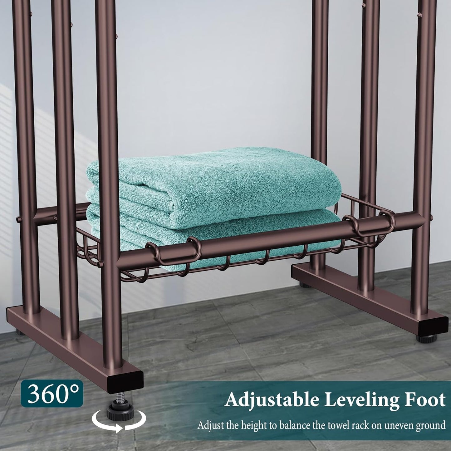 Kayfia 40" Tall Standing Towel Racks for Bathroom, 3 Tier Towel Rack Stand with Storage Basket, Blanket Ladder Drying and Display Rack for Oversized Bath Towel, Next to Tub Or Shower (Bronze)