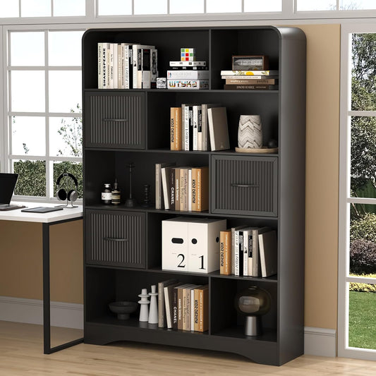 70" Book Shelf and Bookcase, Tall Bookshelf with Drawers, 48" Wide Modern 5 Tier Bookcase with 3 Bins Storage, Large Wood Display Cabinet with Adjustable Bin Storage for Living Room,Black