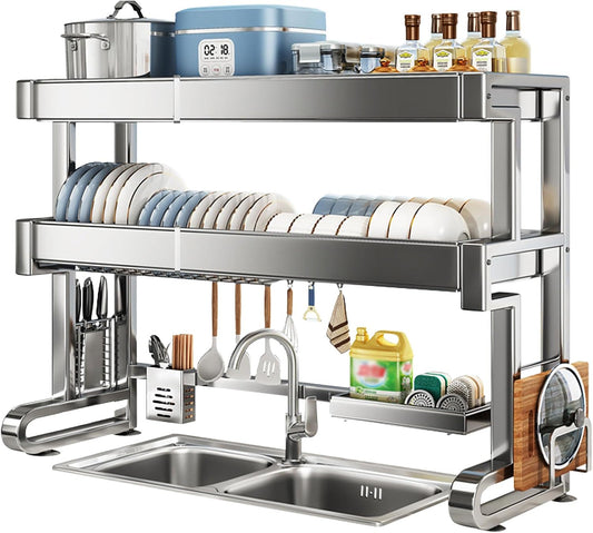 Over Sink Dish Drying Rack 3 Tier Dish Drying Rack Full 304 Stainless Steel Large Storage Kitchen Dish Rack Expandable Drainer Shelf Rack for Kitchen Counter Above Sink Organizer（23"-39"