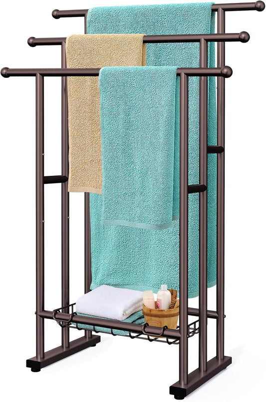 Kayfia 40" Tall Standing Towel Racks for Bathroom, 3 Tier Towel Rack Stand with Storage Basket, Blanket Ladder Drying and Display Rack for Oversized Bath Towel, Next to Tub Or Shower (Bronze)