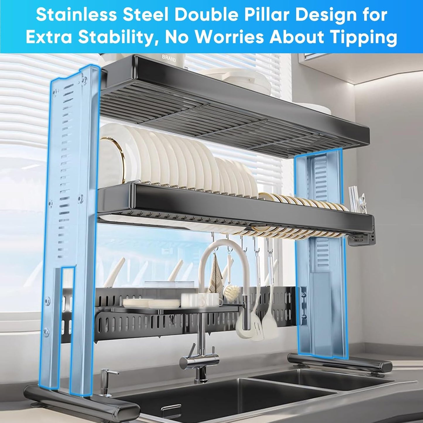 Large Over The Sink Dish Drainer Drying Rack，2 Tier Large Capacity Stainless Steel Dish Drying Rack Over Sink, Multifunctional Kitchen Organizers and Storage Dish Rack (Black, Double Layer)