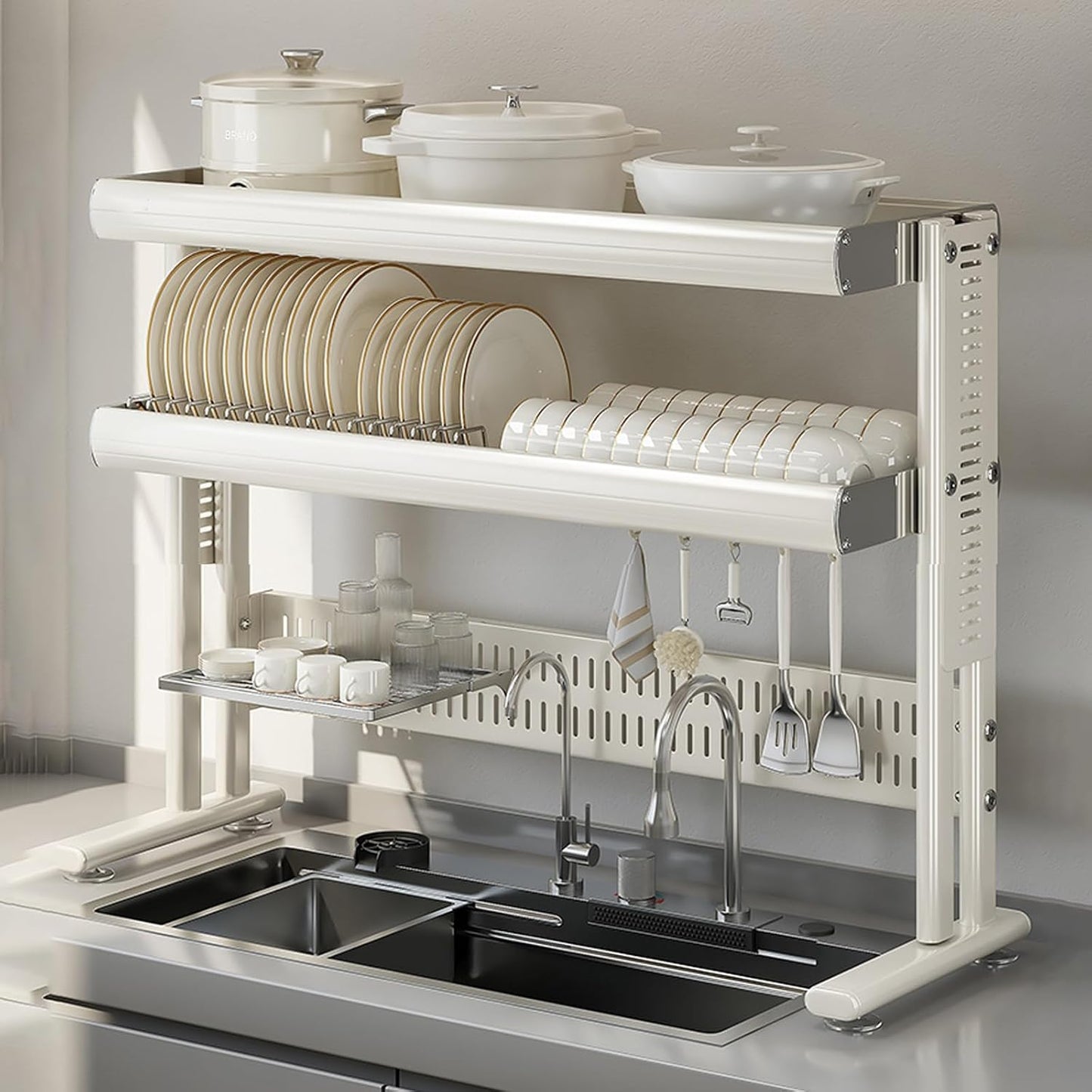 Large Over The Sink Dish Drainer Drying Rack，2 Tier Large Capacity Stainless Steel Dish Drying Rack Over Sink, Multifunctional Kitchen Organizers and Storage Dish Rack (Black, Double Layer)