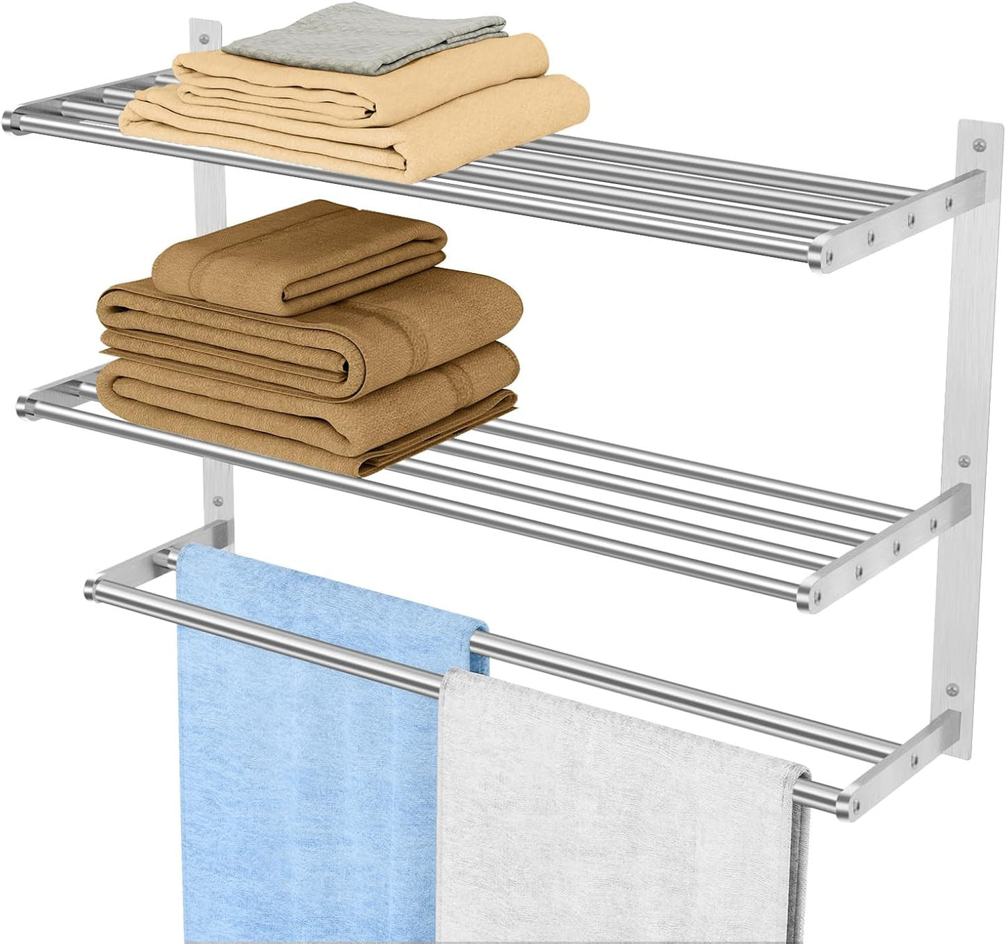Hotel Towel Racks for Bathroom Wall Mounted, BETHOM 24 Inch Towel Shelf for Bathroom, 3-Tier Bathroom Towel Rack with Tower Bars, Brushed Nickel