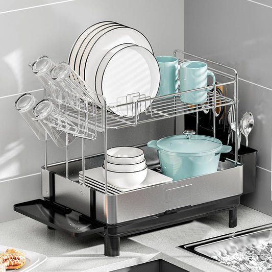 Large Dish Drying Rack, 2 Tier Stainless Steel Dish Rack for Kitchen Counter, Dish Drainer with with 360°Rotatable Drain Spout, Utensil Holder & Cups Holder, Multifunctional Kitchen Organizer