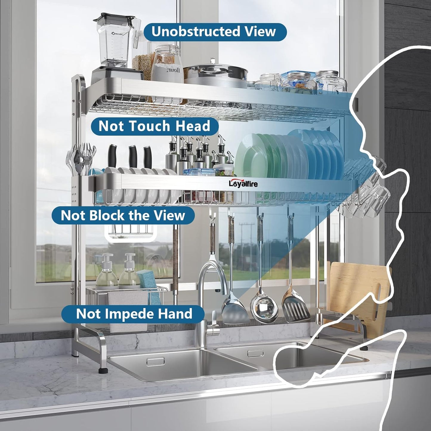 Over Sink Dish Drying Rack, 3 Tier Adjustable Length (20.87'' to 37.6'') Full Stainless Steel Large Storage Kitchen Dish Rack, Expandable Drainer Shelf Rack with Multifunctional Organizers