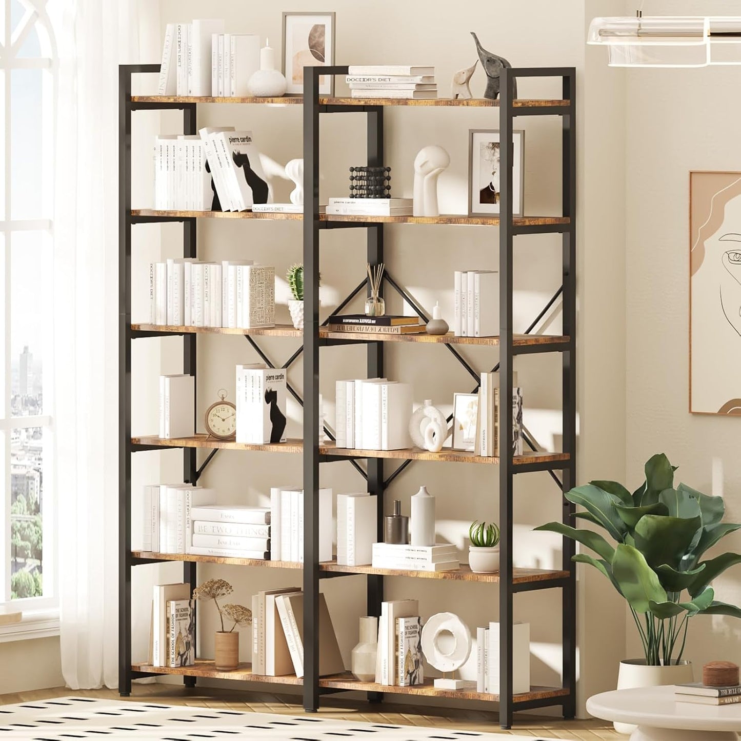 oneinmil Bookshelf 6 Tier, 71.5'' Industrial Wood Bookshelves, Book Shelf with 12 Open Display Shelves & Metal Frame, Tall Bookcase for Home and Office, Rustic Brown