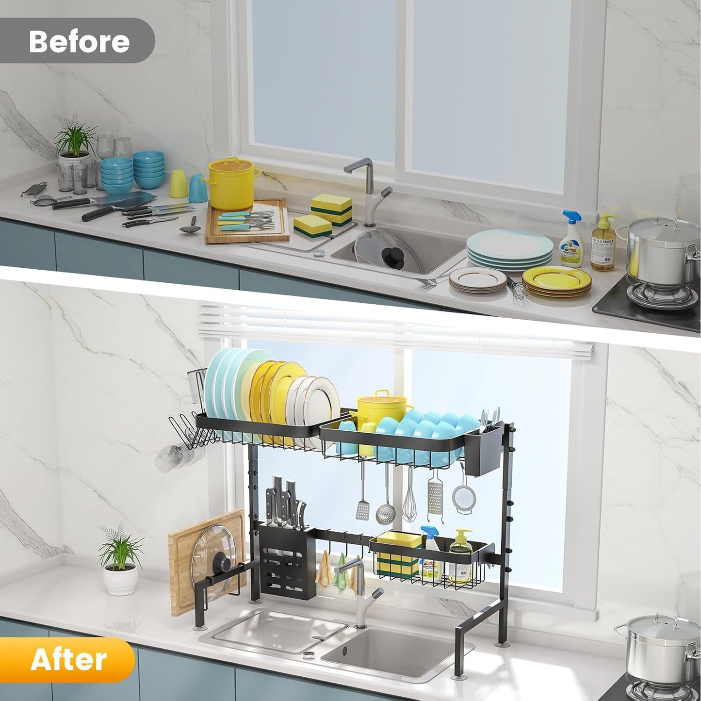 MERRYBOX Over The Sink Dish Drying Rack, 2-Tier Adjustable Length (25.6-33.5in), Stainless Steel Dish Drainer with Cutting Board Holder, Large Dish Rack for Kitchen Counter Organizer Space Saver