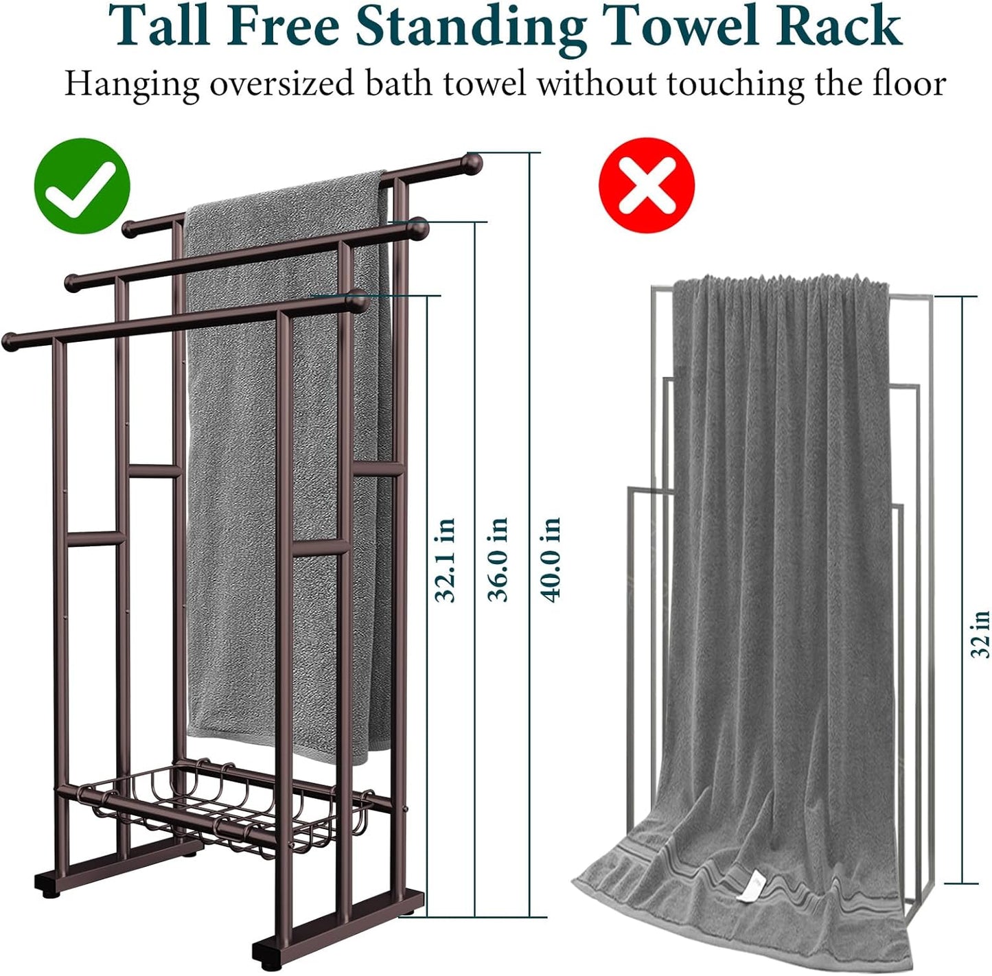 Kayfia 40" Tall Standing Towel Racks for Bathroom, 3 Tier Towel Rack Stand with Storage Basket, Blanket Ladder Drying and Display Rack for Oversized Bath Towel, Next to Tub Or Shower (Bronze)