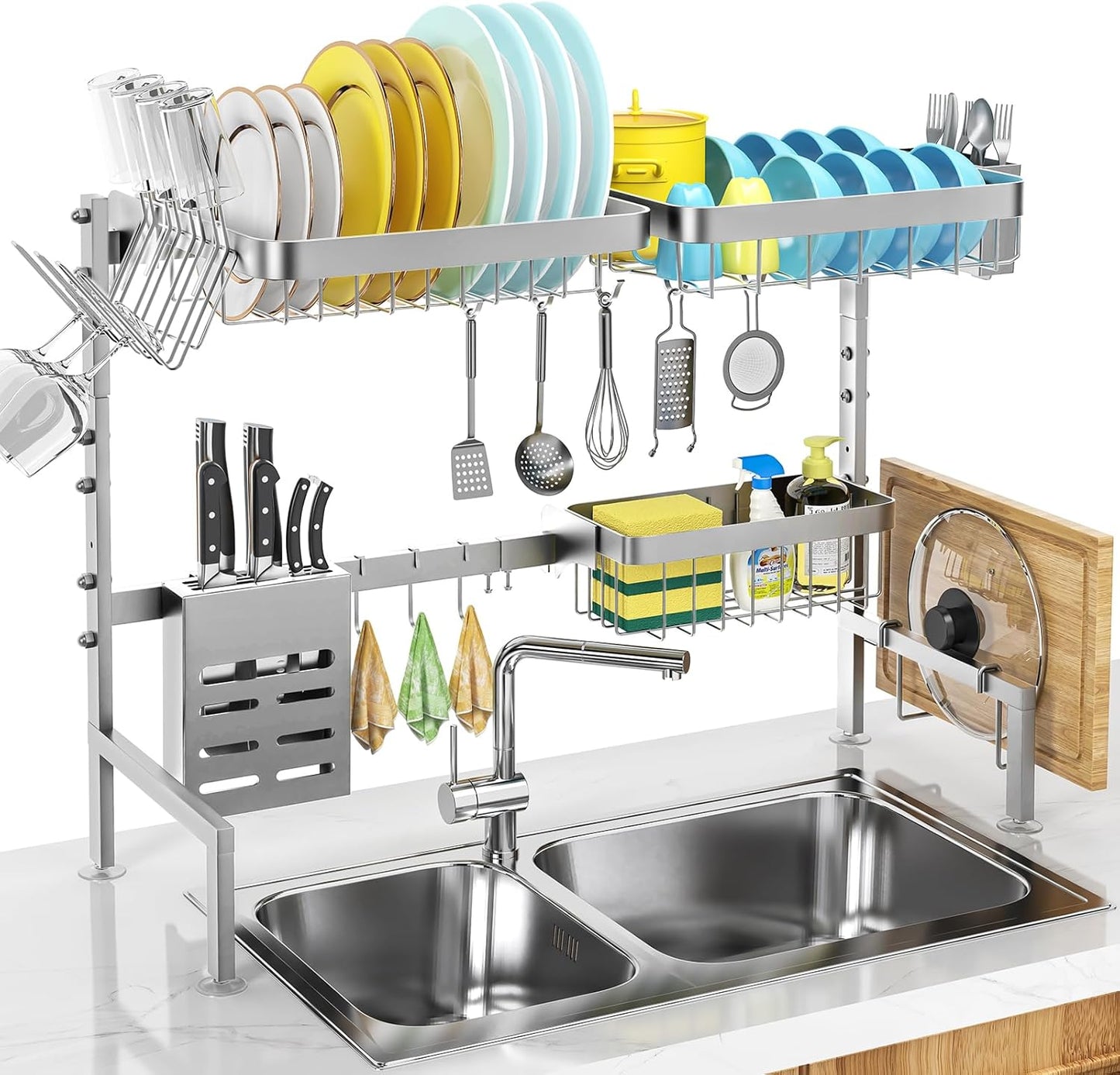 MERRYBOX Over The Sink Dish Drying Rack, 2-Tier Adjustable Length (25.6-33.5in), Stainless Steel Dish Drainer with Cutting Board Holder, Large Dish Rack for Kitchen Counter Organizer Space Saver