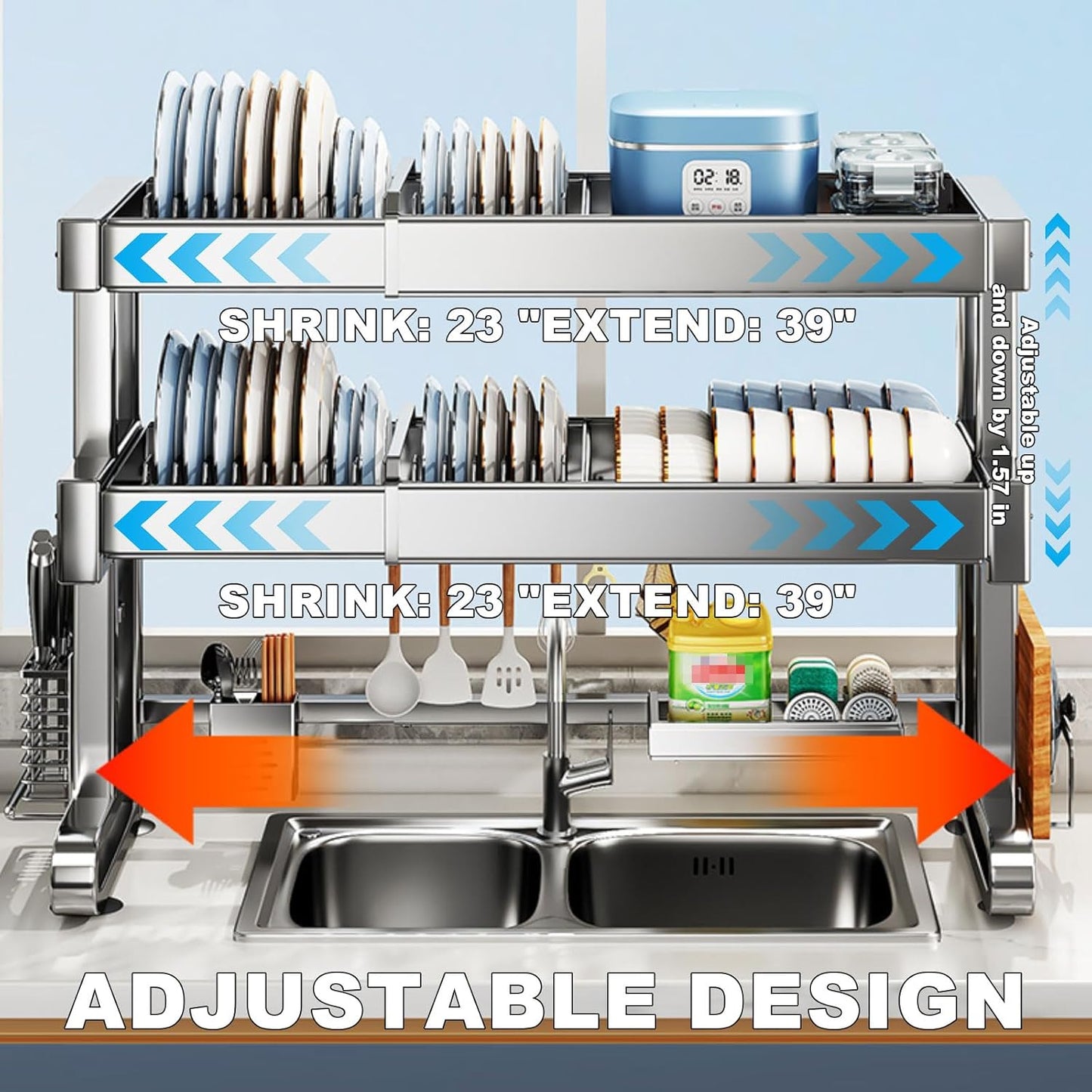 Over Sink Dish Drying Rack 3 Tier Dish Drying Rack Full 304 Stainless Steel Large Storage Kitchen Dish Rack Expandable Drainer Shelf Rack for Kitchen Counter Above Sink Organizer（23"-39"
