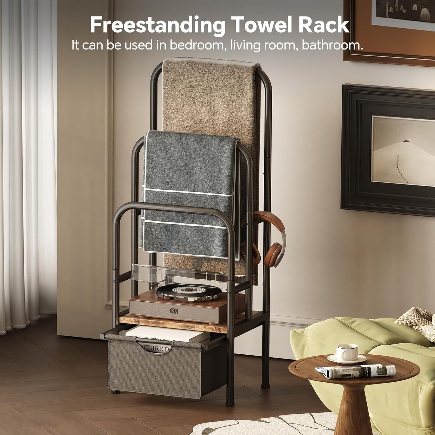 Freestanding Towel Rack for Bathroom & Blanket Holder - 3-Tier Quick-Dry Shelf, 15.6" L x 11.8" W x 41.7" H, Retro Style Floor Stand for Bedroom/Living Room,Rustic Black Brown
