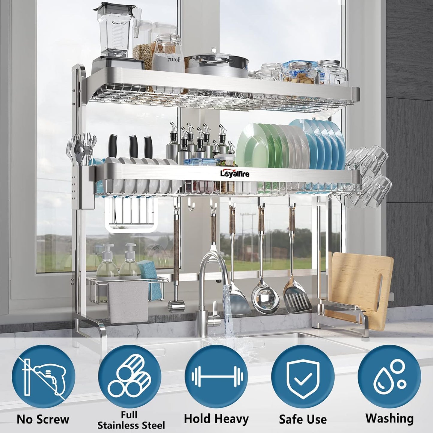 Over Sink Dish Drying Rack, 3 Tier Adjustable Length (20.87'' to 37.6'') Full Stainless Steel Large Storage Kitchen Dish Rack, Expandable Drainer Shelf Rack with Multifunctional Organizers