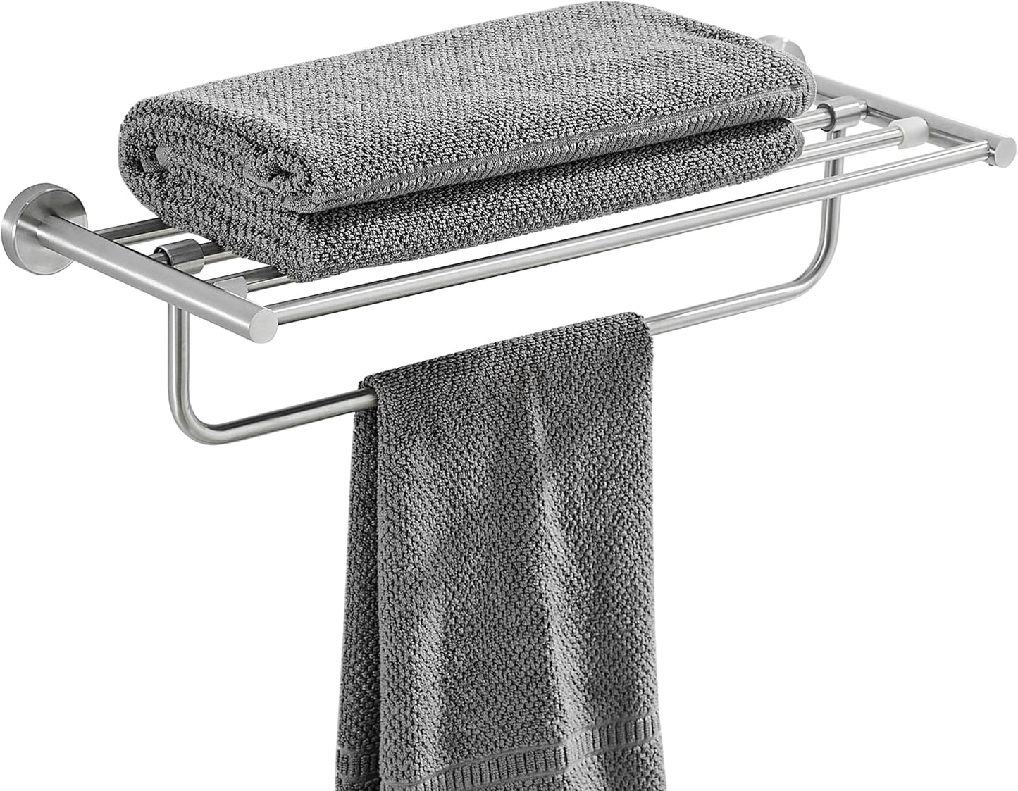 VOLPONE 24 Inch Towel Rack with Towel Bar Holder Foldable Towel Shelf with Movable Hooks Rustproof Towel Storage Wall Mount for Bathroom Lavatory Silver