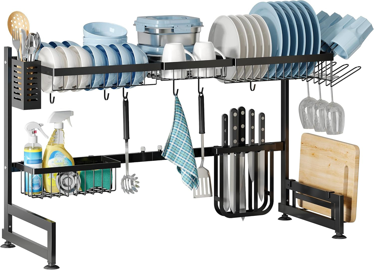 3 Tier Extra Large Stainless Steel Expandable Over The Sink Dish Drainer Drying Rack, Rust Proof Metal, Space Saving, Modern Silver Big Capacity Extendable Plate Strainers Above Kitchen Counter