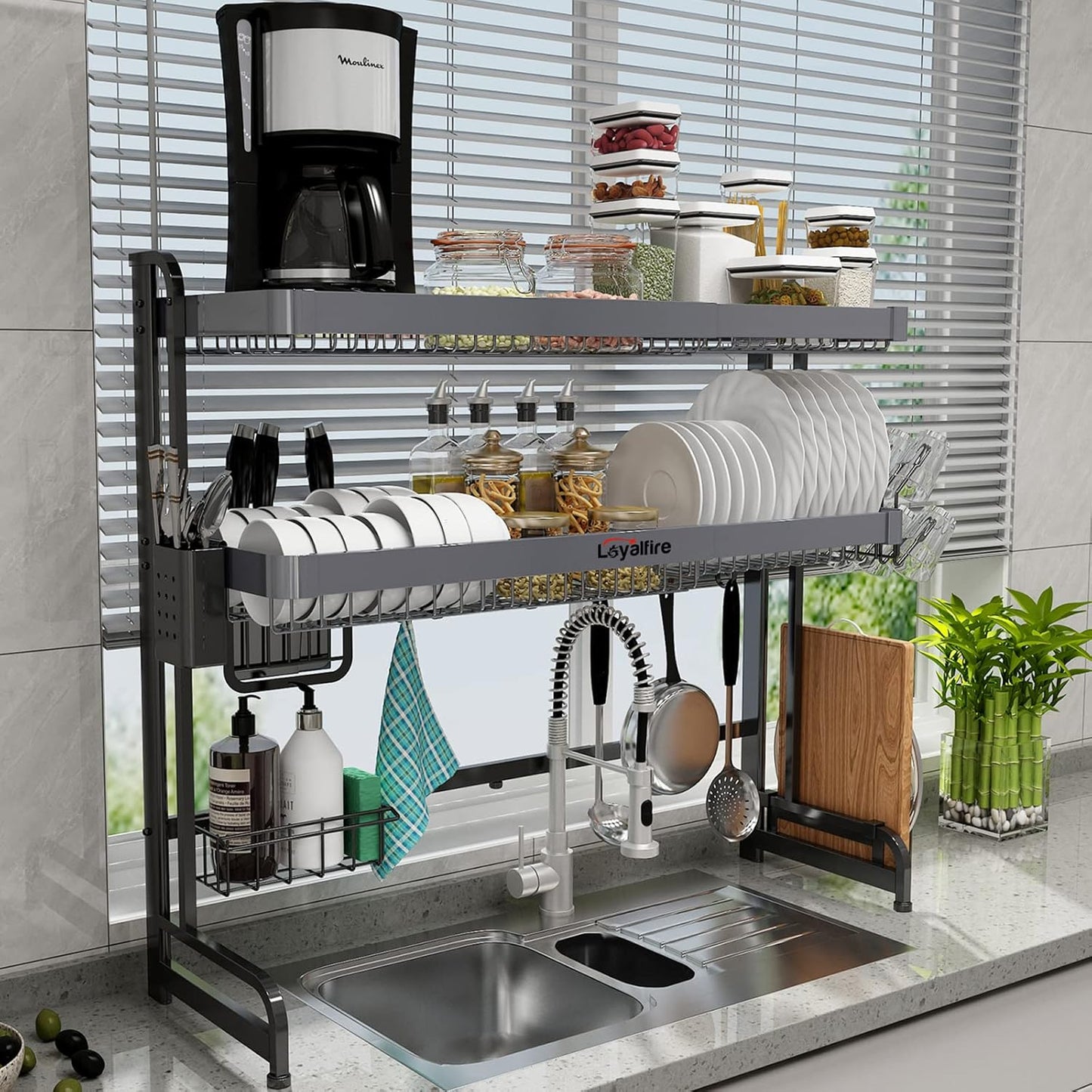 Over Sink Dish Drying Rack, 3 Tier Adjustable Length (20.87'' to 37.6'') Full Stainless Steel Large Storage Kitchen Dish Rack, Expandable Drainer Shelf Rack with Multifunctional Organizers
