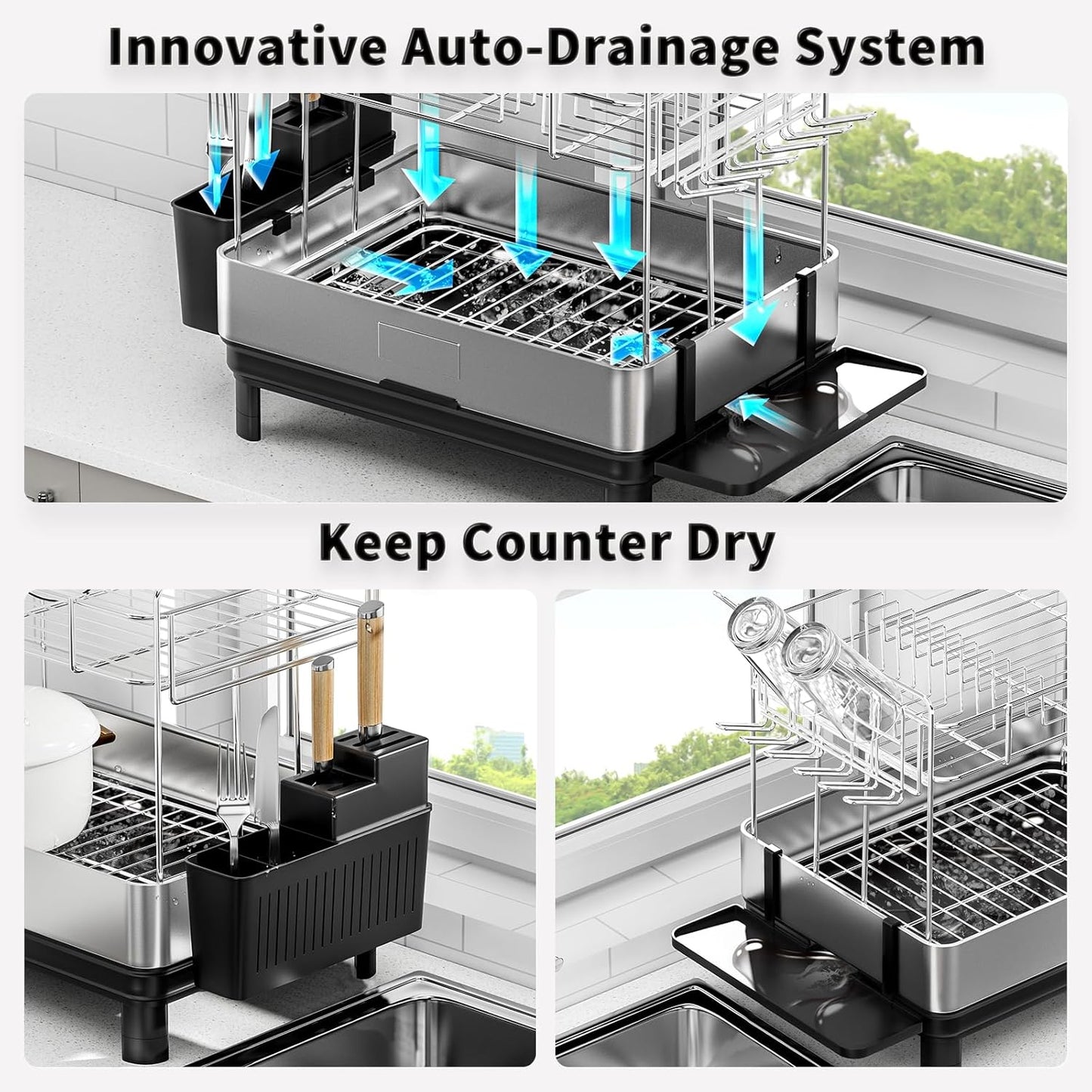 Large Dish Drying Rack, 2 Tier Stainless Steel Dish Rack for Kitchen Counter, Dish Drainer with with 360°Rotatable Drain Spout, Utensil Holder & Cups Holder, Multifunctional Kitchen Organizer