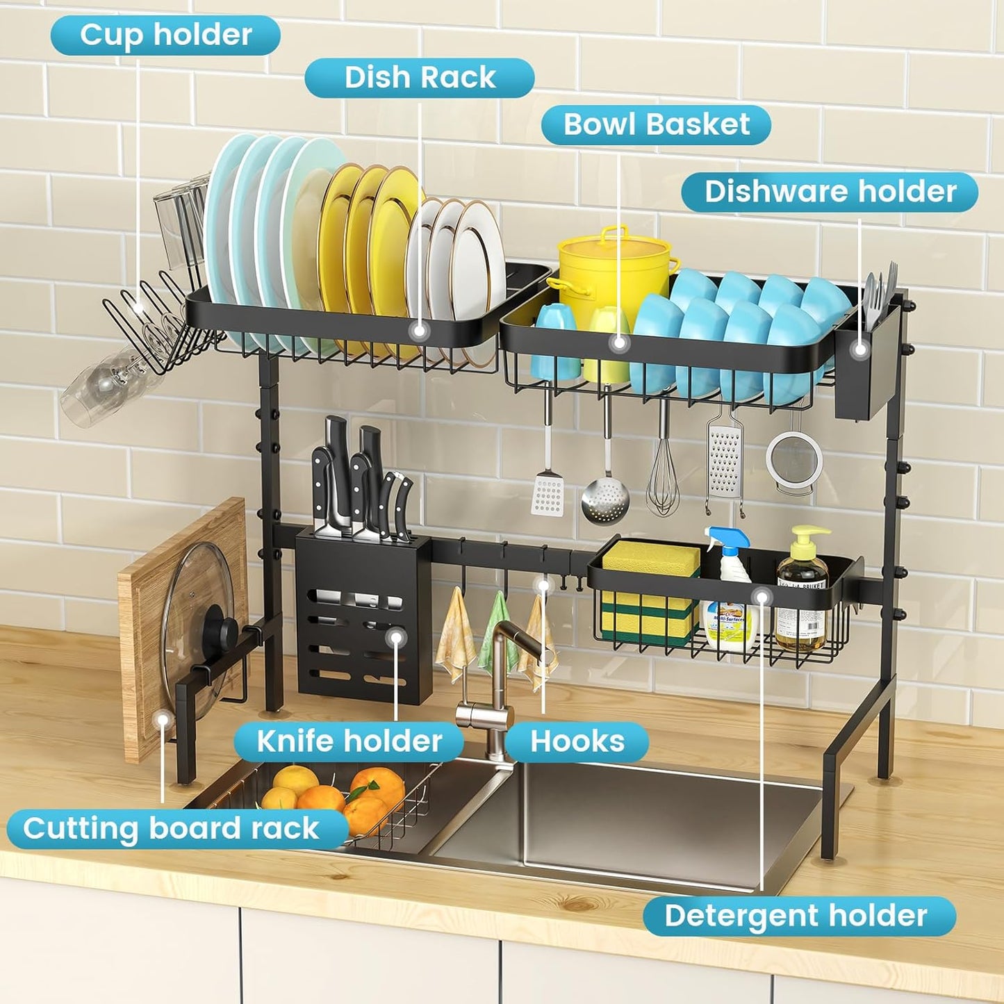 MERRYBOX Over The Sink Dish Drying Rack, 2-Tier Adjustable Length (25.6-33.5in), Stainless Steel Dish Drainer with Cutting Board Holder, Large Dish Rack for Kitchen Counter Organizer Space Saver
