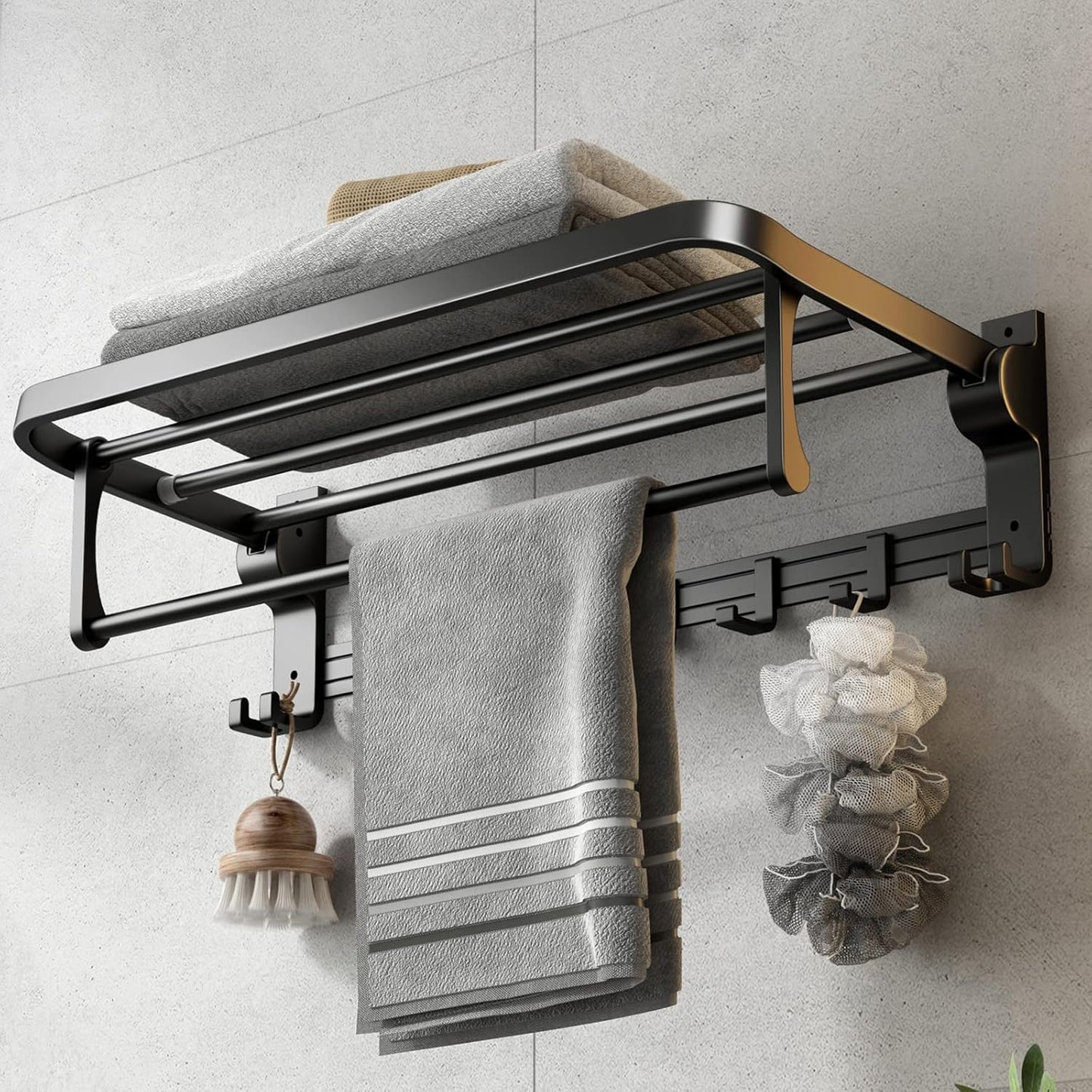 VOLPONE 24 Inch Towel Rack with Towel Bar Holder Foldable Towel Shelf with Movable Hooks Rustproof Towel Storage Wall Mount for Bathroom Lavatory Silver