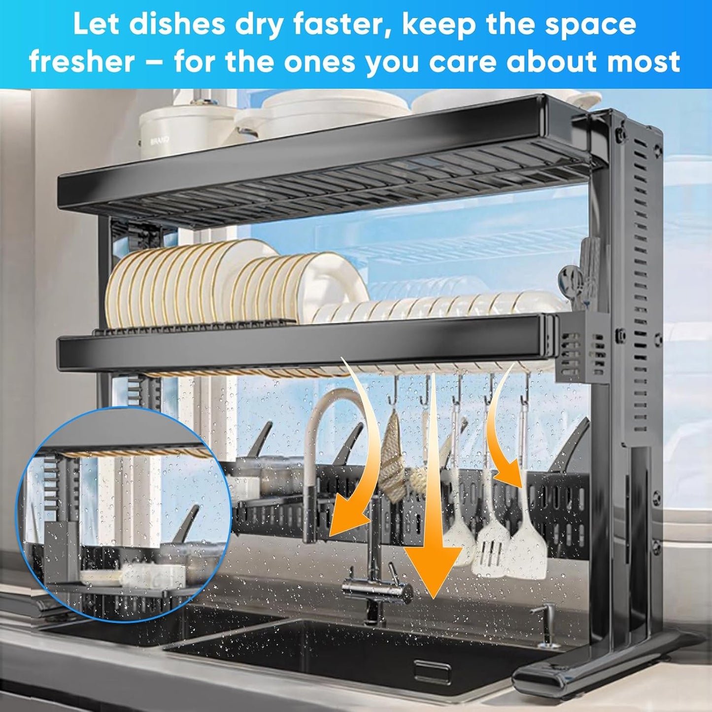 Large Over The Sink Dish Drainer Drying Rack，2 Tier Large Capacity Stainless Steel Dish Drying Rack Over Sink, Multifunctional Kitchen Organizers and Storage Dish Rack (Black, Double Layer)