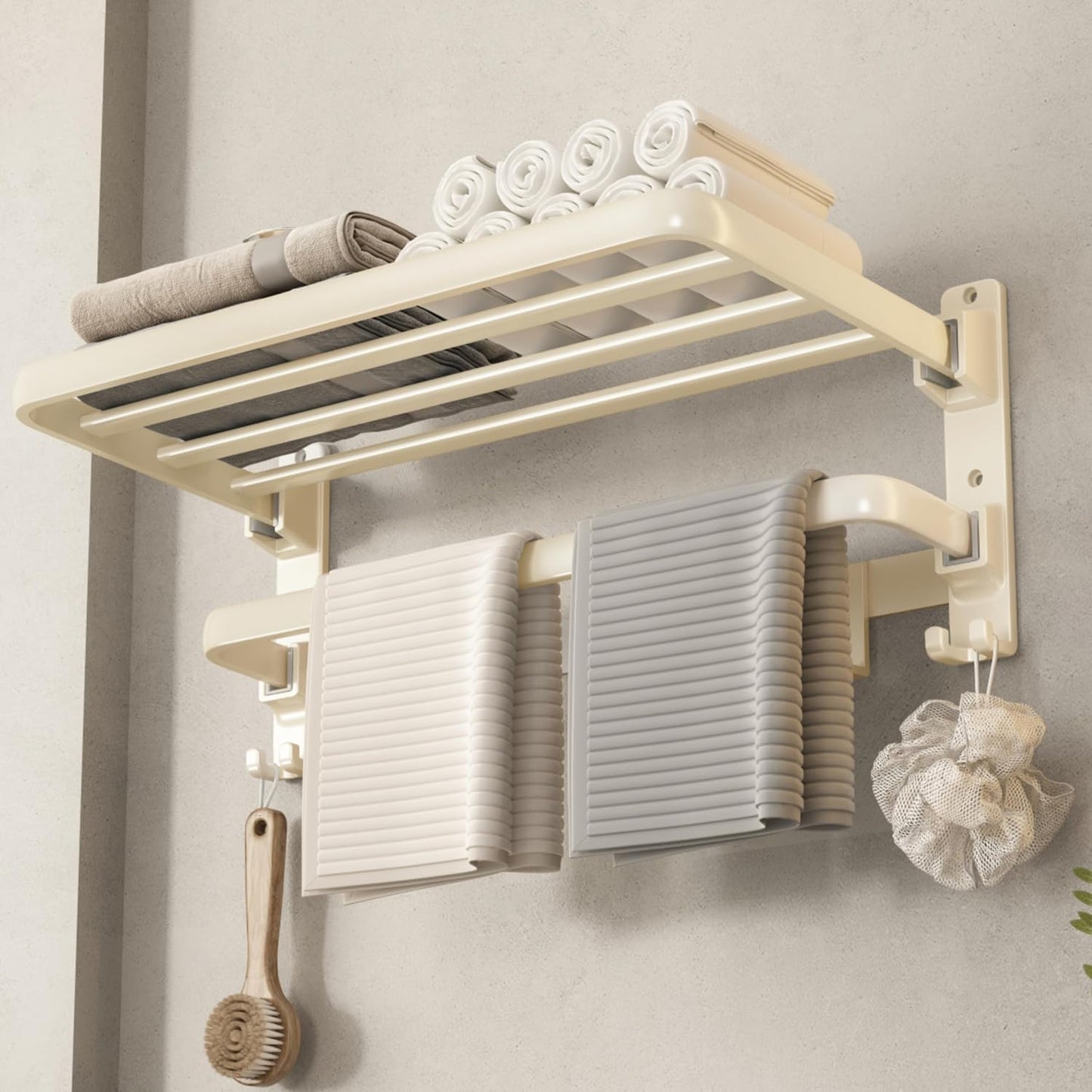 VOLDRA 24-Inch Towel Rack,Bathroom Towel Shelf with 2 Towel Bar Foldable Towel Holder with 7 Hooks Towel Storage Organizer for Bathroom & Lavatory Wall Mounted (Matte Black)
