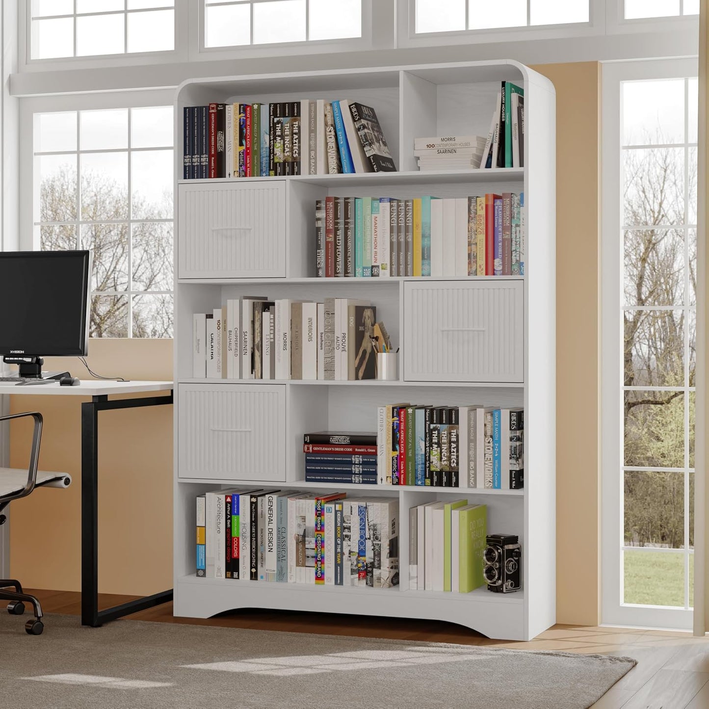 70" Book Shelf and Bookcase, Tall Bookshelf with Drawers, 48" Wide Modern 5 Tier Bookcase with 3 Bins Storage, Large Wood Display Cabinet with Adjustable Bin Storage for Living Room,Black
