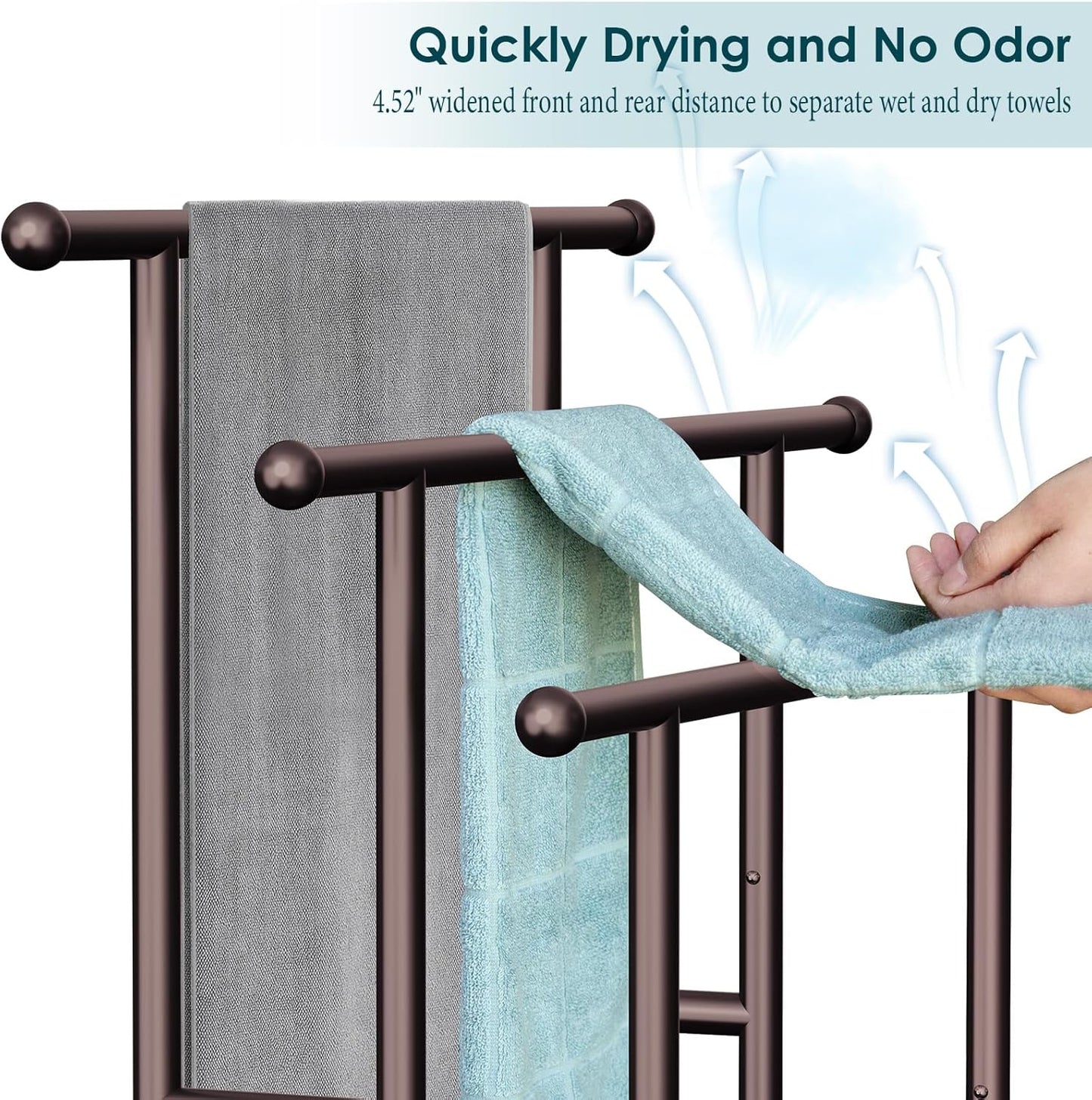 Kayfia 40" Tall Standing Towel Racks for Bathroom, 3 Tier Towel Rack Stand with Storage Basket, Blanket Ladder Drying and Display Rack for Oversized Bath Towel, Next to Tub Or Shower (Bronze)