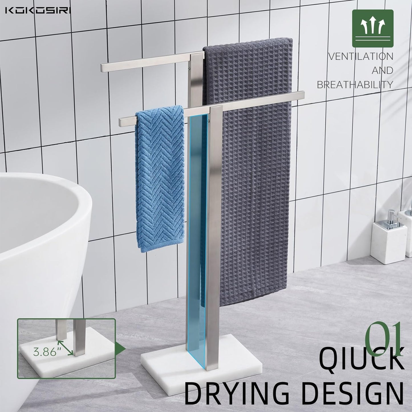 KOKOSIRI Bathroom Towel Rack 2-Tier Standing Towel Racks with Marble Base, Stainless Steel Freestanding Towel Bars, Thicken Steady Design, Brushed Nickel THS0001-BR