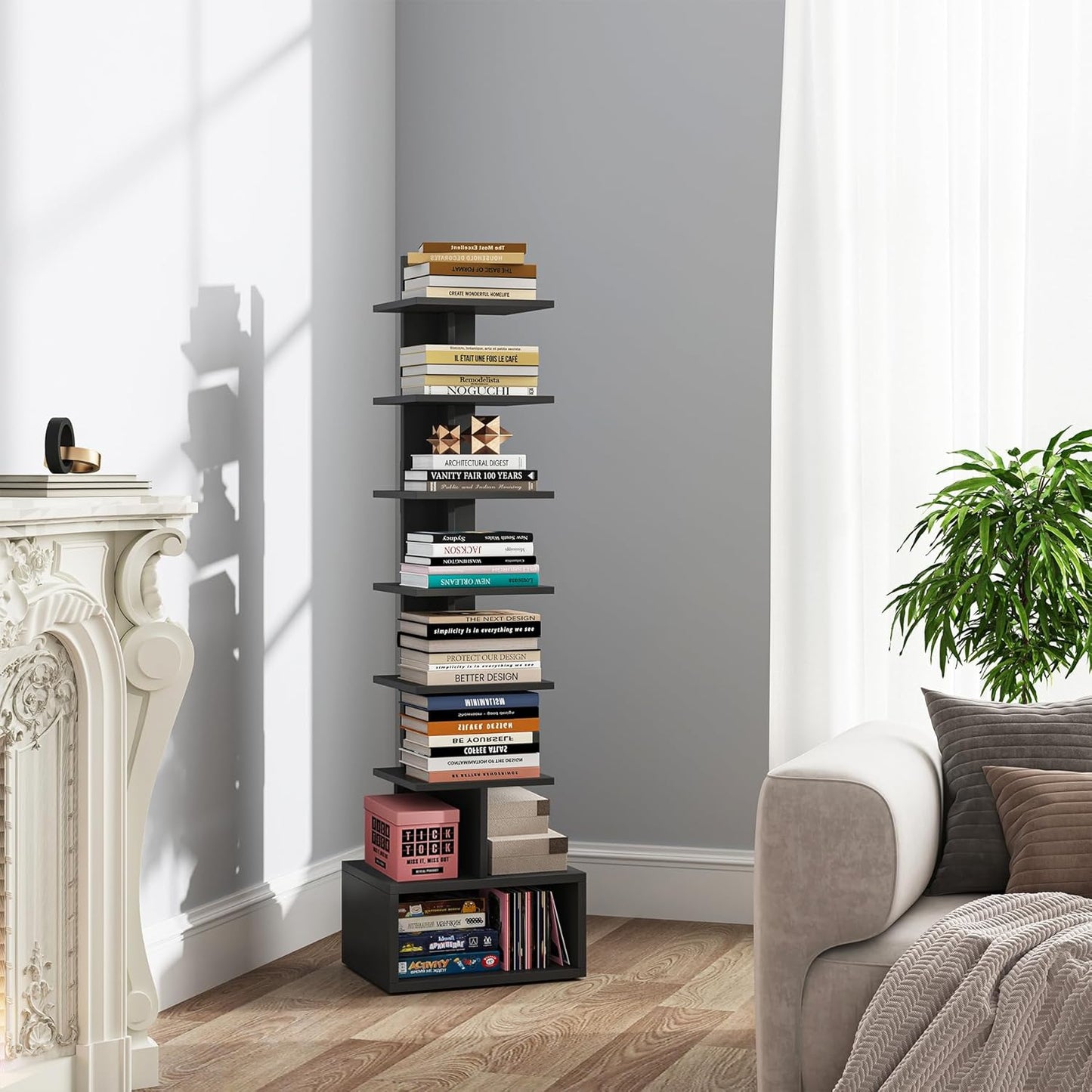 TUTOTAK Narrow Bookshelf, 8-Tier Bookcase, Spine Book Shelf for Small Space, Corner Standing Shelf for Living Room, Office, Study, Entryway, Rustic Brown BS06BB008
