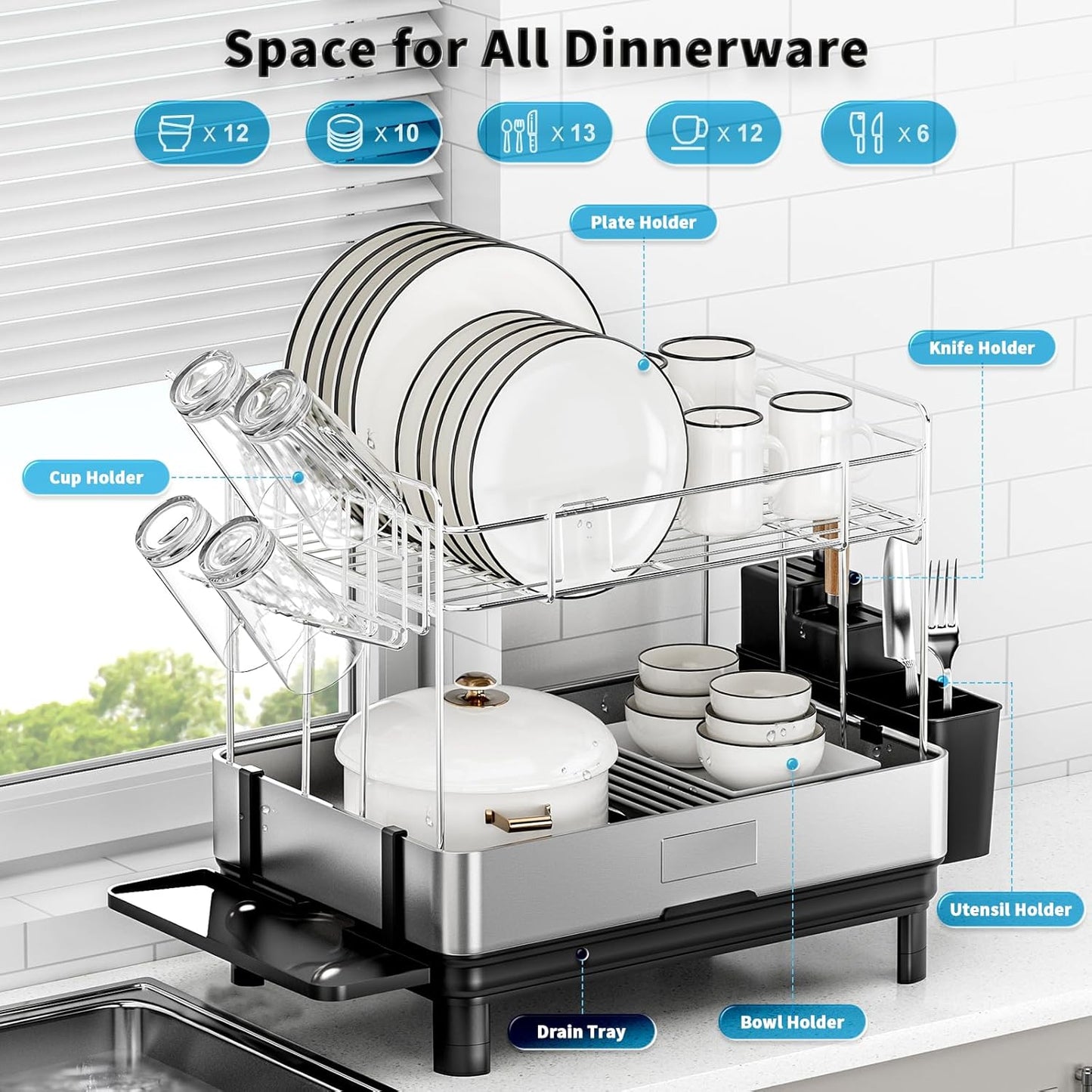 Large Dish Drying Rack, 2 Tier Stainless Steel Dish Rack for Kitchen Counter, Dish Drainer with with 360°Rotatable Drain Spout, Utensil Holder & Cups Holder, Multifunctional Kitchen Organizer