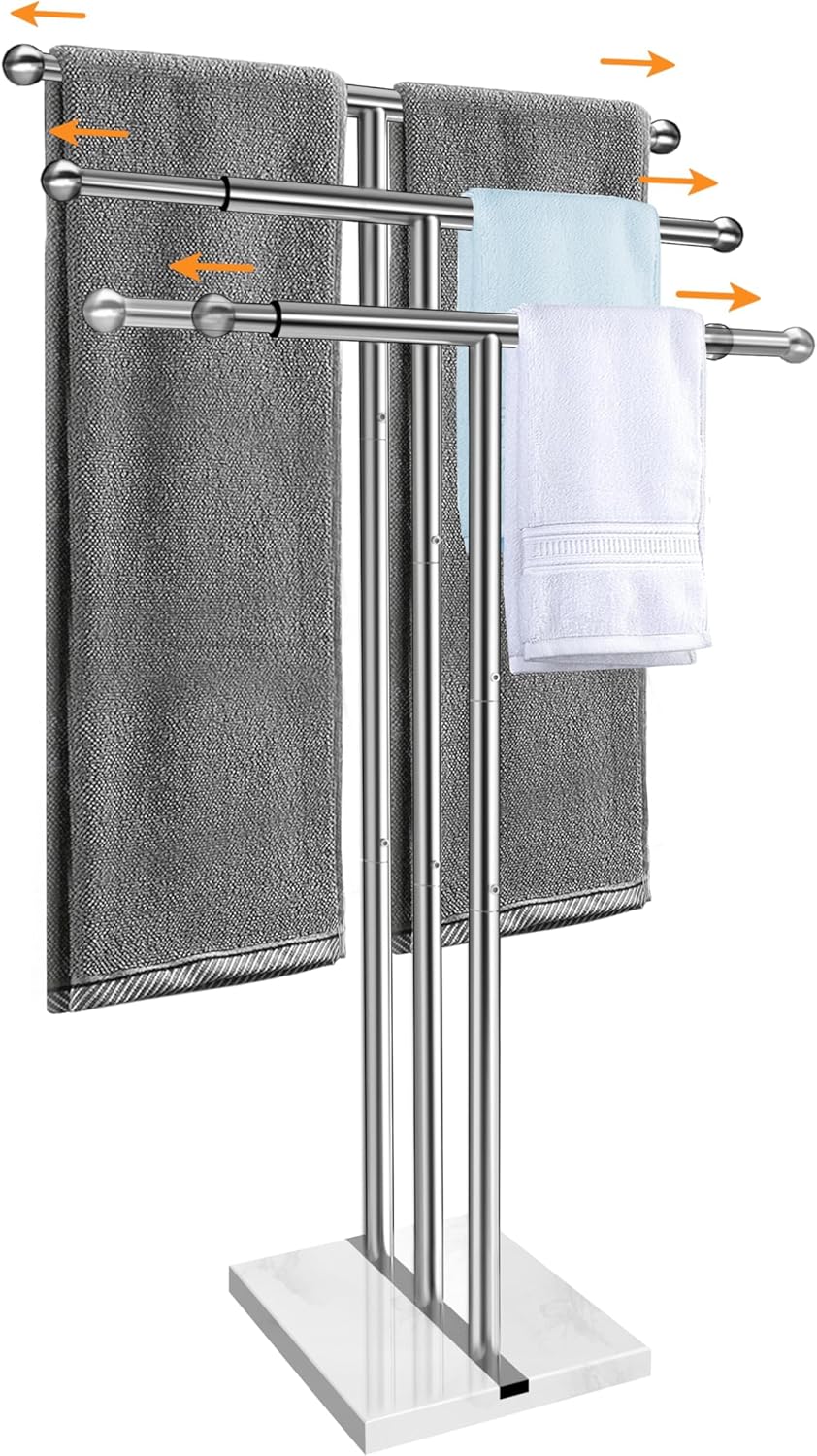 Kayfia 40" Standing Towel Rack with Weighted Marble Base, Width Adjustable & Taller Bathroom Towel Rack Stand, 2-Tier Towel Racks for Bathroom, Multiple Spaces Stainless Steel Brushed Finish