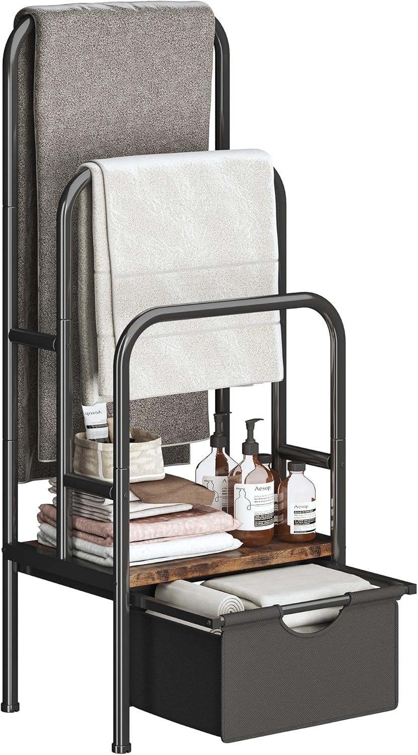 Freestanding Towel Rack for Bathroom & Blanket Holder - 3-Tier Quick-Dry Shelf, 15.6" L x 11.8" W x 41.7" H, Retro Style Floor Stand for Bedroom/Living Room,Rustic Black Brown