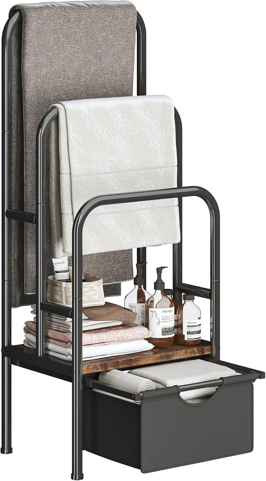 Freestanding Towel Rack for Bathroom & Blanket Holder - 3-Tier Quick-Dry Shelf, 15.6" L x 11.8" W x 41.7" H, Retro Style Floor Stand for Bedroom/Living Room,Rustic Black Brown