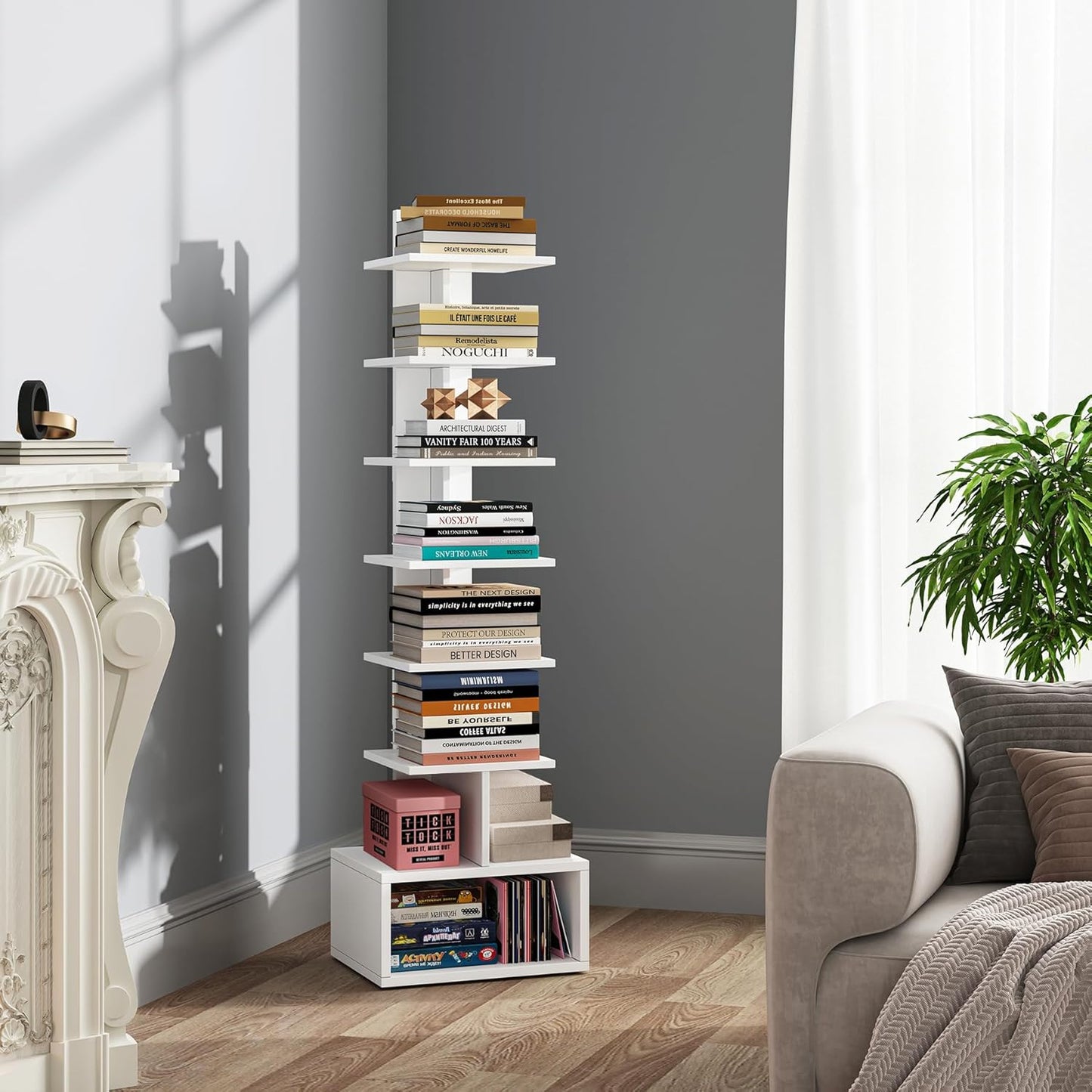 TUTOTAK Narrow Bookshelf, 8-Tier Bookcase, Spine Book Shelf for Small Space, Corner Standing Shelf for Living Room, Office, Study, Entryway, Rustic Brown BS06BB008