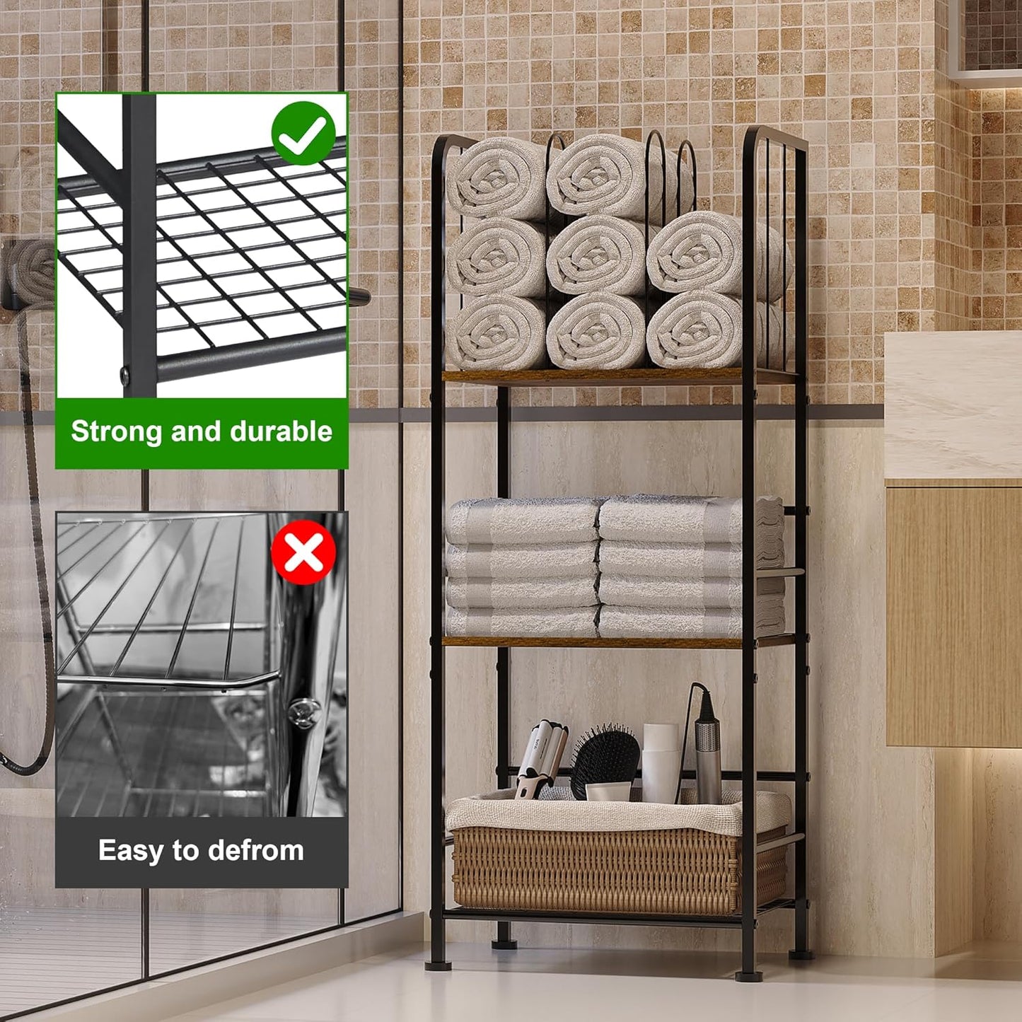 Towel Rack Free Standing 3-Tier M-Shaped Detachable Dividers, Durable Metal Towel Holder for Bathroom, Pool Towel Rack, Space-Saving Towel Storage Organizer, Modern Bath Towel Shelf Patent Pending
