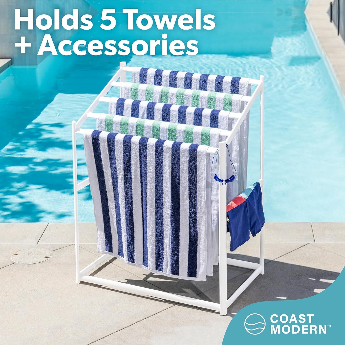 Coast Modern Pool Towel Rack – 5 Beach Towel PVC Drying Rack for Outdoor & Indoor Use