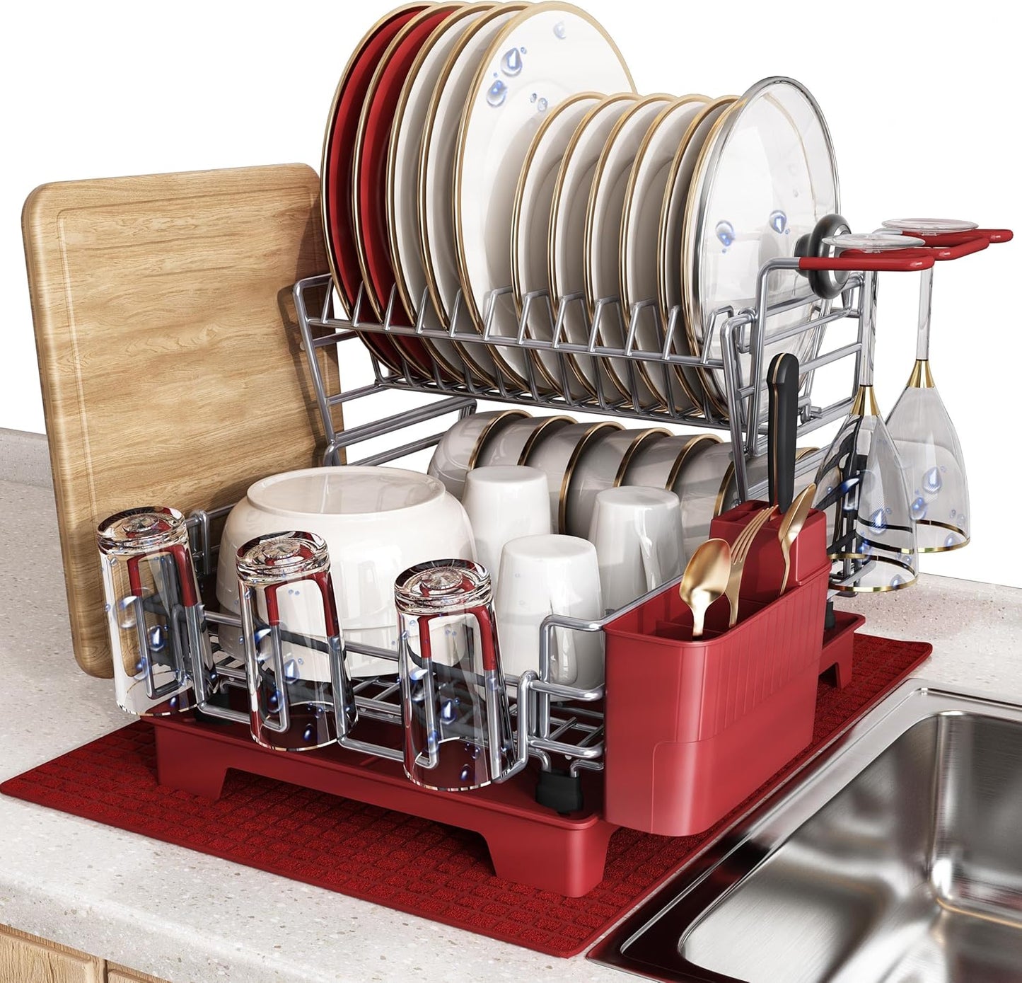 3 Tier Extra Large Stainless Steel Expandable Over The Sink Dish Drainer Drying Rack, Rust Proof Metal, Space Saving, Modern Silver Big Capacity Extendable Plate Strainers Above Kitchen Counter