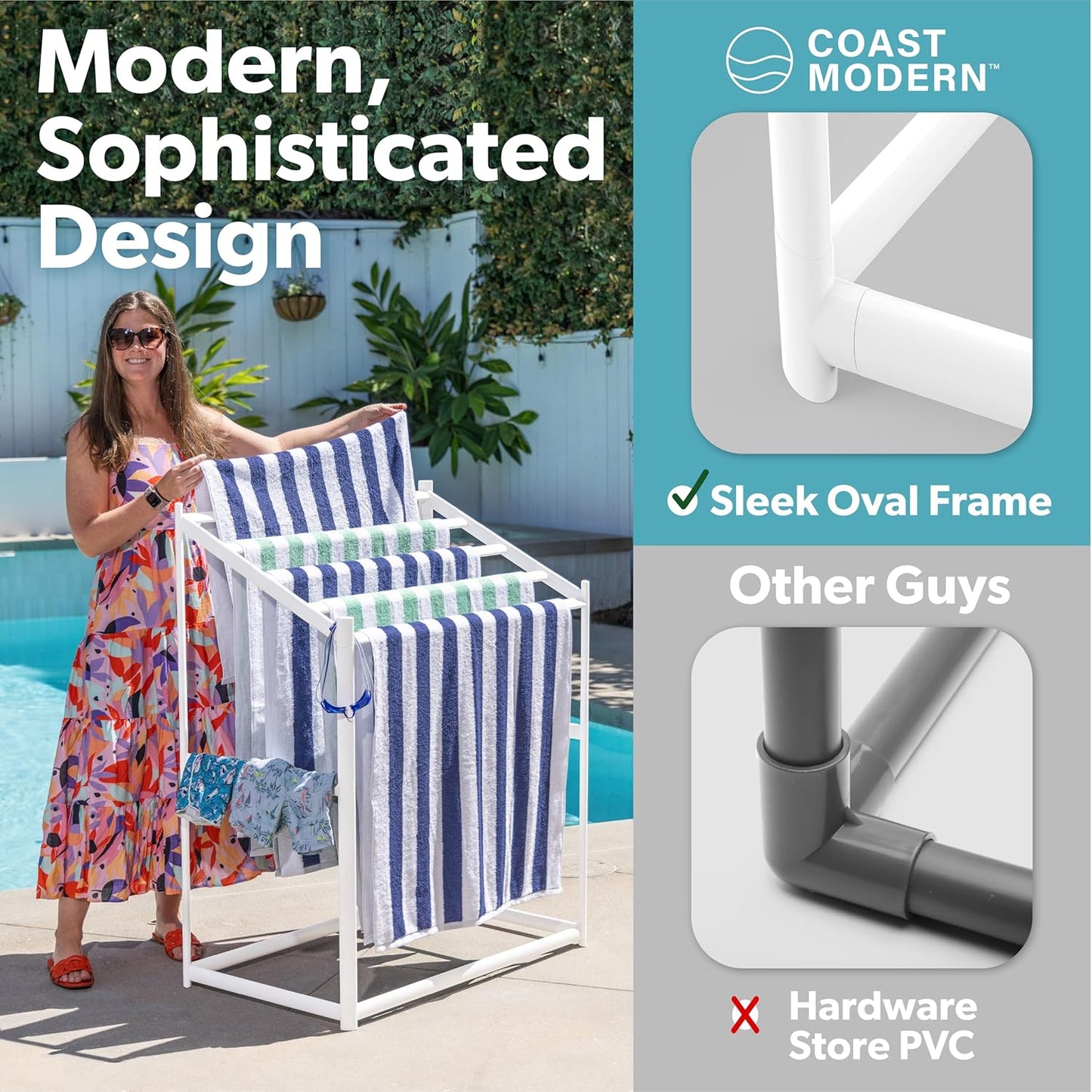 Coast Modern Pool Towel Rack – 5 Beach Towel PVC Drying Rack for Outdoor & Indoor Use
