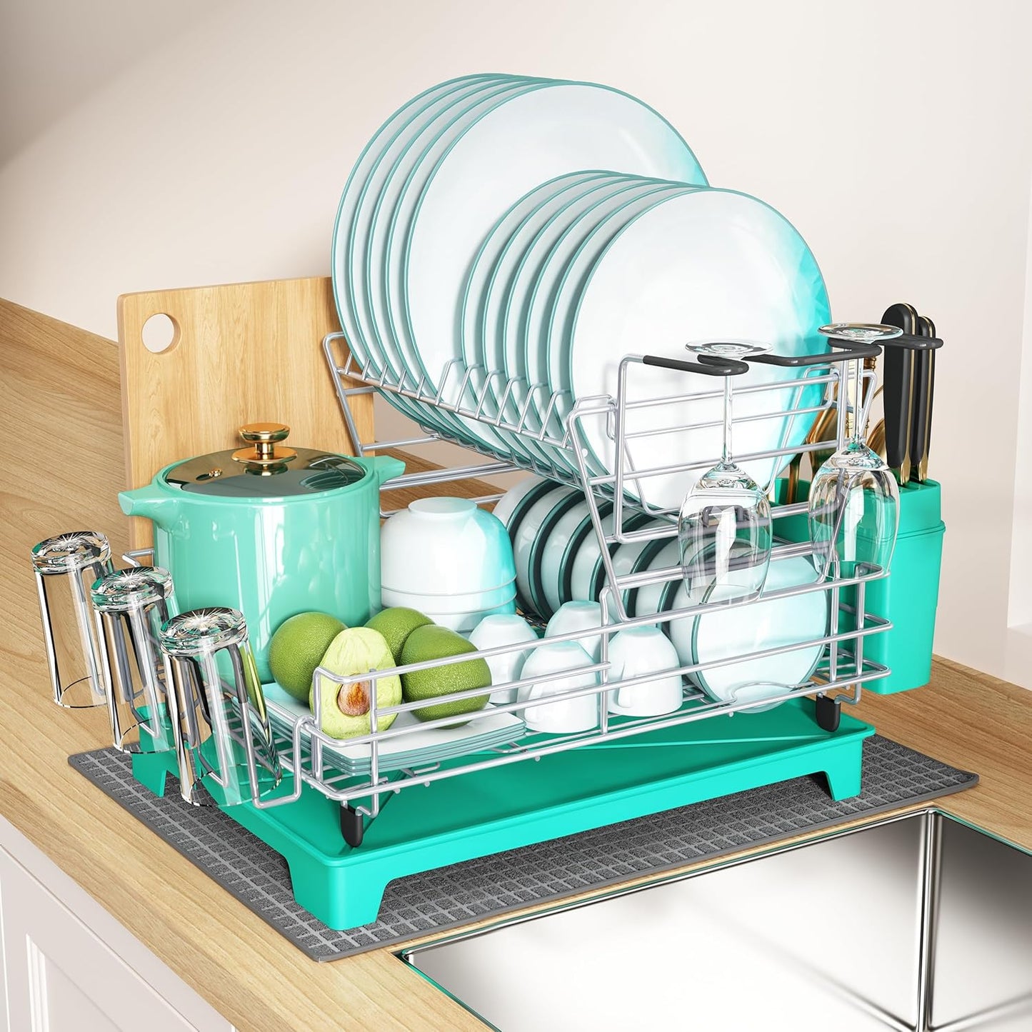 3 Tier Extra Large Stainless Steel Expandable Over The Sink Dish Drainer Drying Rack, Rust Proof Metal, Space Saving, Modern Silver Big Capacity Extendable Plate Strainers Above Kitchen Counter